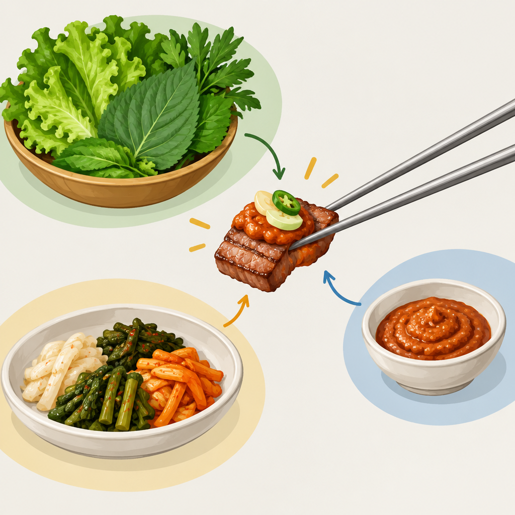 AI 생성 설명 이미지: 안산일동고기집 유니드정육식당 | 채소·절임 반찬·쌈장의 역할 구분하기