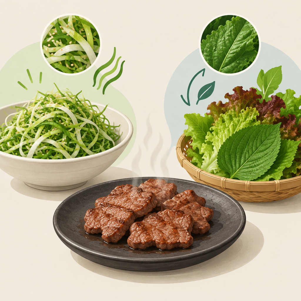 AI 생성 설명 이미지: 안산일동맛집 유니드정육식당 | 파채와 쌈 채소, 고기 곁들임의 역할 차이