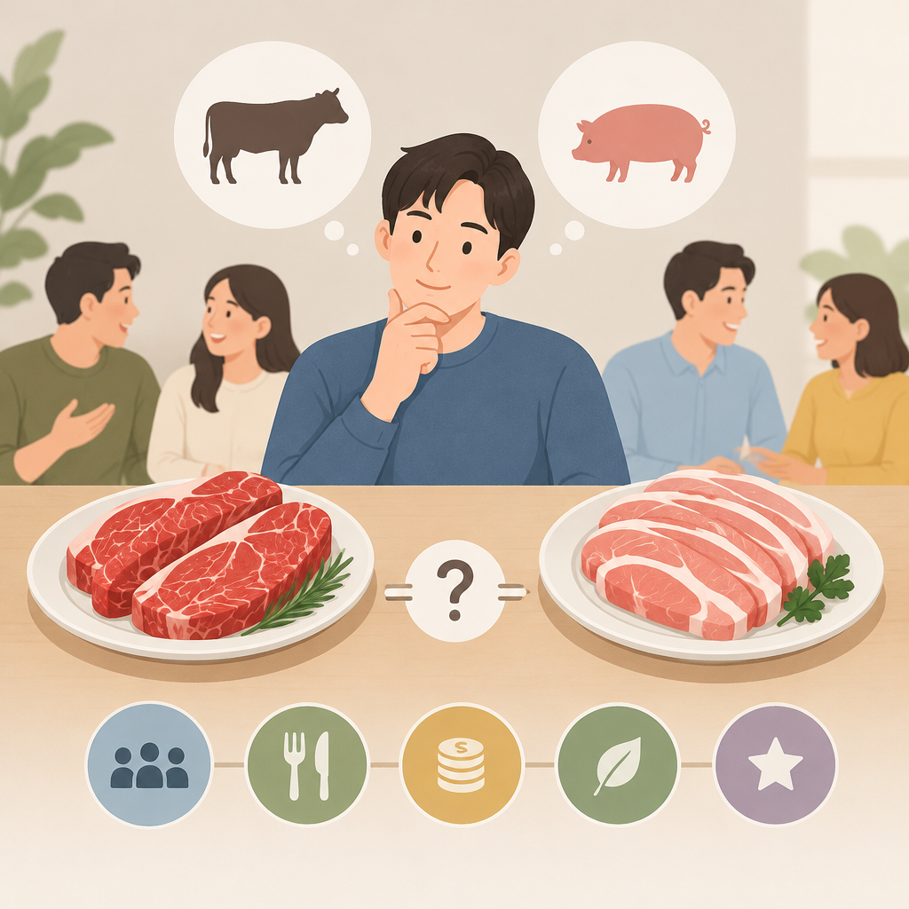 AI 생성 설명 이미지: 안산일동맛집 유니드정육식당 | 모임 목적에 맞춰 한우와 돼지고기 메뉴 고르는 기준